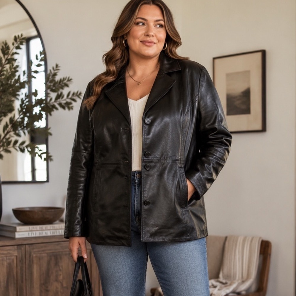 Excelled Collection Black Leather Blazer Jacket Women XL 3-Button Car Coat Lined